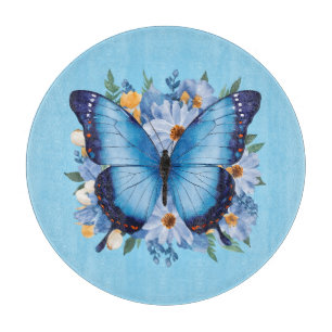 Graceful Blue Butterfly on Floral Cutting Board