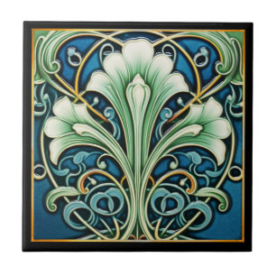 Graceful blue Fan Flower Art Deco Ceramic Tile