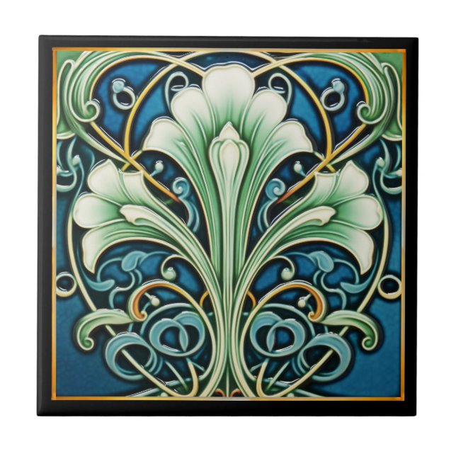 Graceful blue Fan Flower Art Deco Ceramic Tile (Front)