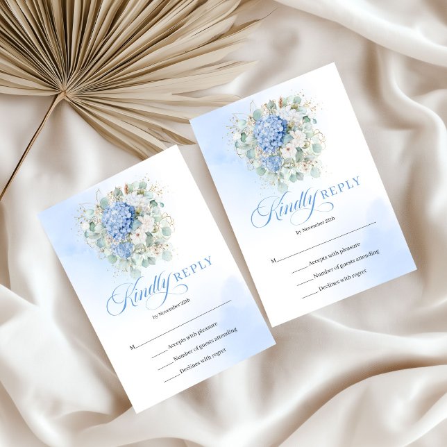 Graceful Blue Hydrangeas Gold Wedding RSVP Card (Graceful Blue Hydrangeas Gold Wedding RSVP Card)