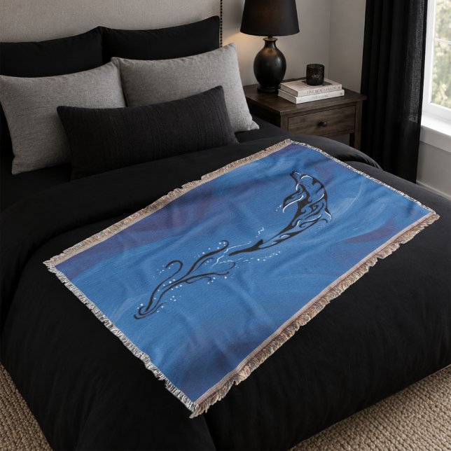 Graceful Blue Tribal Dolphin Ocean Throw Blanket (Creator Uploaded)