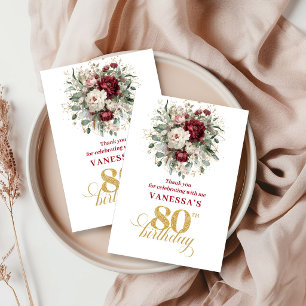 Graceful Blush Burgundy 80th Birthday Thank You Card