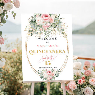 Graceful blush floral gold quinceañera welcome sig poster