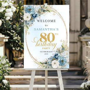 Graceful bohemian blue flowers gold 80th birthday  poster