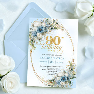 Graceful Bohemian Blue White Floral 90th Birthday Invitation