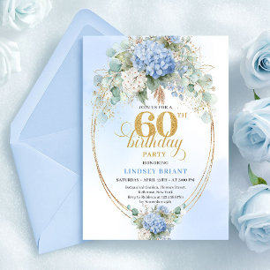 Graceful Bohemian Soft Blue Gold 60th Birthday Invitation