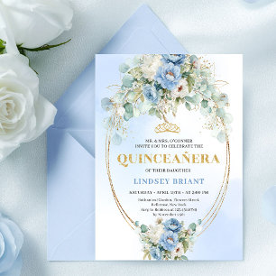 Graceful Boho Blue Peonies Eucalyptus Quinceañera Invitation