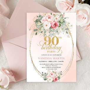Graceful Boho Blush Floral Greenery Gold Birthday Invitation