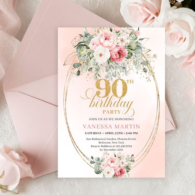 Graceful Boho Blush Floral Greenery Gold Birthday Invitation (Refined Blush Roses Gold Minimal 90th Birthday Invite)