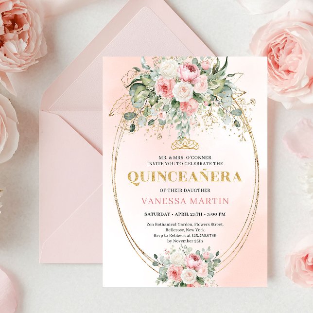 Graceful Boho Pale Pink Roses Bohemian Quinceañera Invitation (Graceful Pale Pink Roses Bohemian Quinceañera Invite)