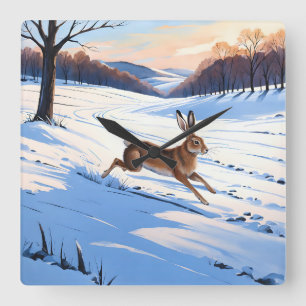 Graceful Bounds of Hare : Full of Winter Joy Square Wall Clock