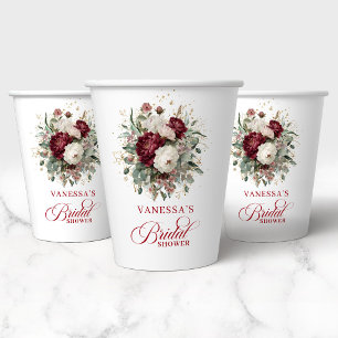 Graceful Burgundy Floral Bridal Shower Paper Cups