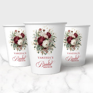 Graceful Burgundy Floral Bridal Shower Paper Cups