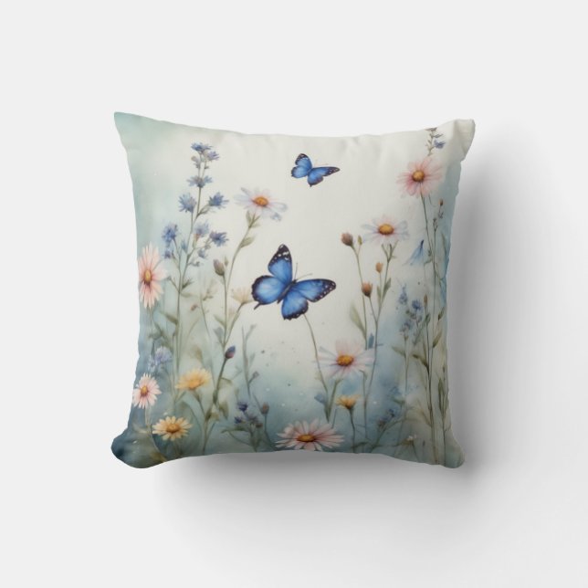 Graceful Butterflies Meadow Wildflower Watercolor Cushion (Front)