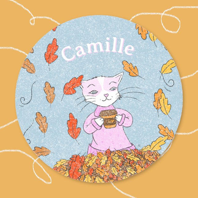 Graceful Cat Fall Kid Sticker with Name (Cute kid personalized sticker . )