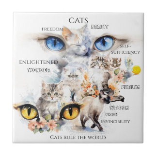 Graceful Cats Watercolor Art Typography Tile