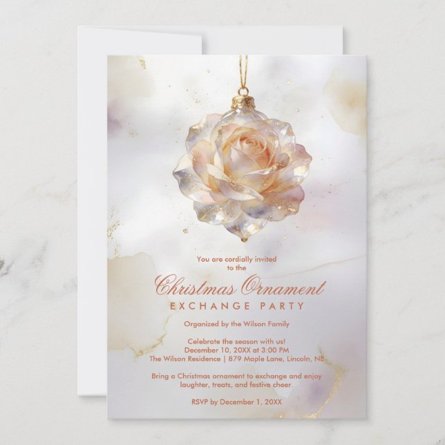 Graceful Christmas Ornament Shaped Like a Rose Invitation (Front)