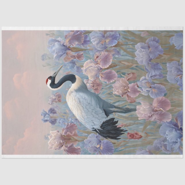 Graceful Crane Field of Blooming Irises Decoupage Tissue Paper (Front)