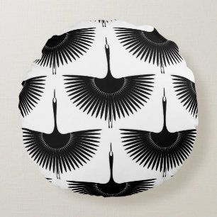 Graceful Crane: Oriental Bird Pattern Round Cushion