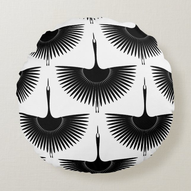 Graceful Crane: Oriental Bird Pattern Round Cushion (Front)