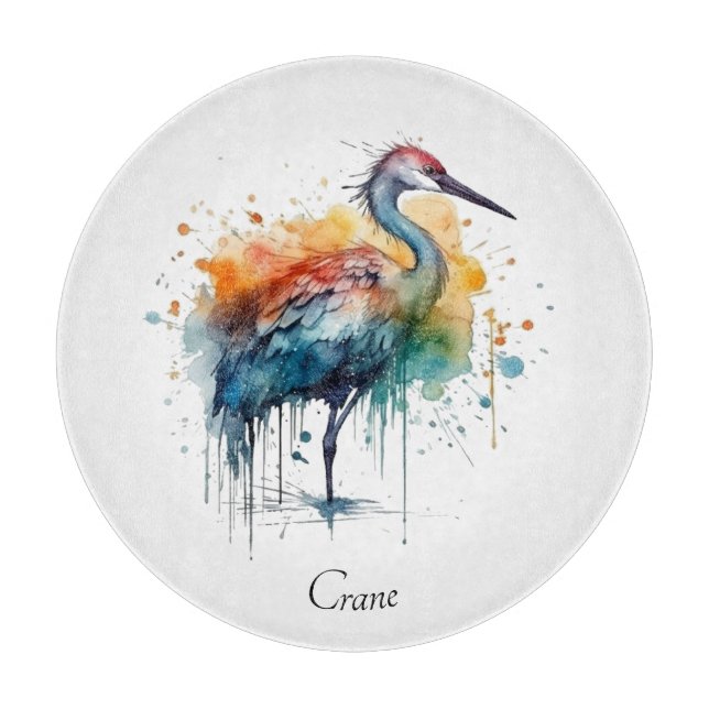 Graceful Crane: Watercolor Art, custom Cutting Board (Front)