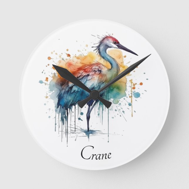 Graceful Crane: Watercolor Art, custom Round Clock (Front)