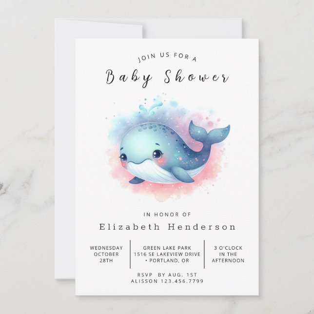 Graceful Custom Whale Baby Shower Invitation (Front)