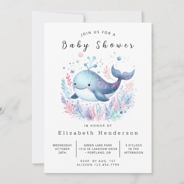Graceful Custom Whale Baby Shower Invitation (Front)
