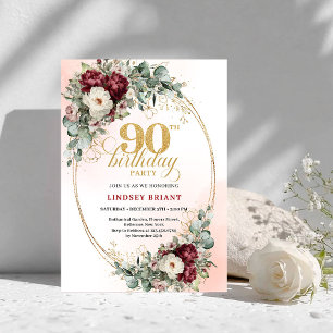 Graceful Deep Red Floral Gold 90th Birthday Invite