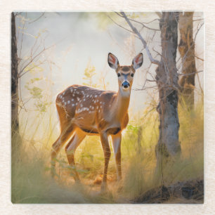 Graceful Deer in the Forest Nature Design Glass Coaster