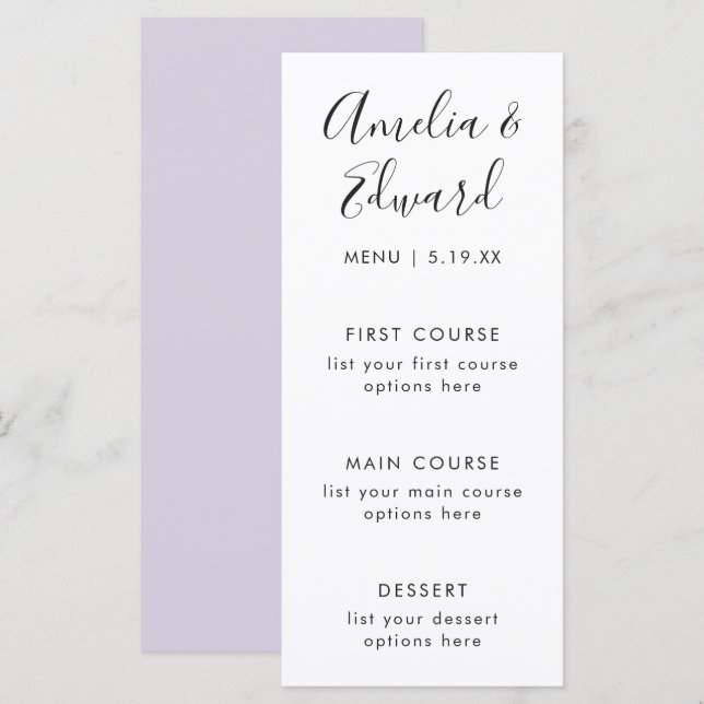 Graceful Delicate Purple Wedding Menu Card (Front/Back)