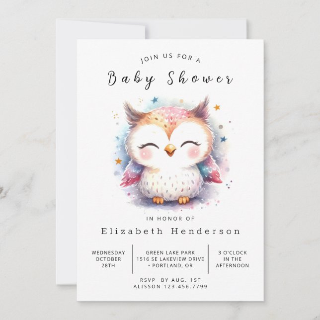 Graceful Digital Owl Baby Shower Invitation (Front)