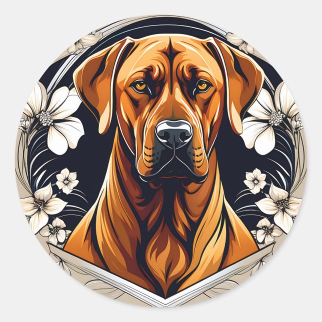 Graceful Dog Rhodesian Ridgeback with Floral Classic Round Sticker (Front)