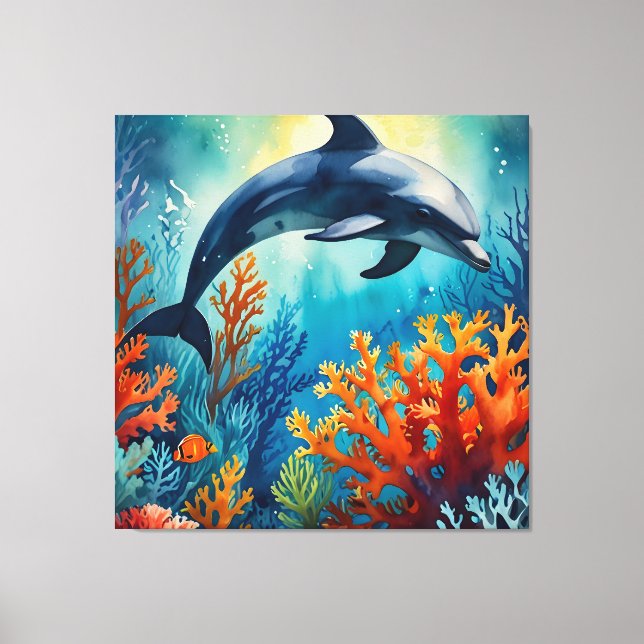 Graceful Dolphin in Coral Paradise Canvas Print (Front)