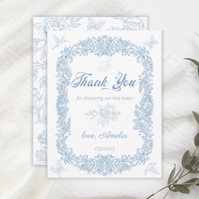 Graceful Dusty Blue Baroque Frame Baby Shower Thank You Card (Creator Uploaded)