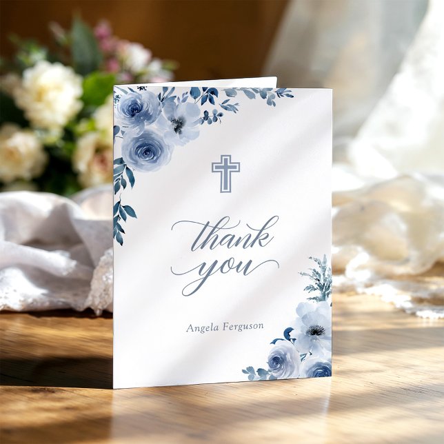 Graceful Dusty Blue Floral Baptism Christening Thank You Card (Creator Uploaded)