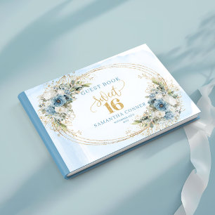 Graceful Dusty Blue Floral Sweet 16th Guest Book
