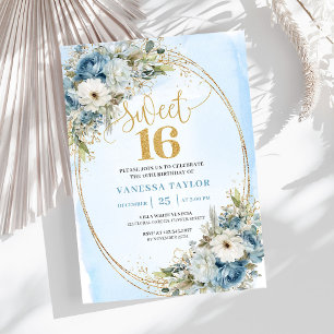 Graceful Dusty Blue Greenery Sweet Sixteen Invite 