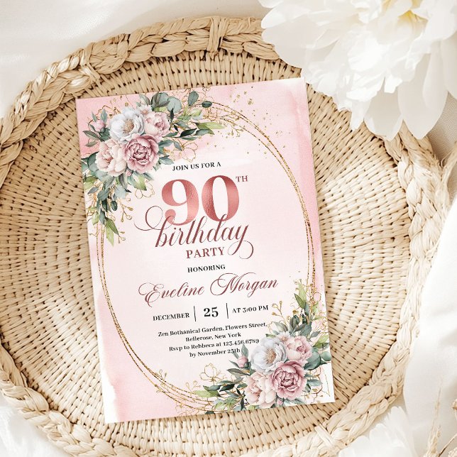 Graceful Dusty Pink Gold Floral 90th Birthday   Invitation (Graceful Dusty Pink Gold Floral 90th Birthday Invitation)