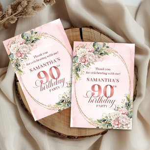 Graceful Dusty Pink Gold Greenery 90th Birthday  Thank You Card