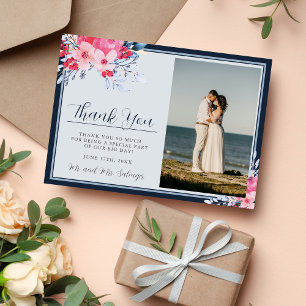 Graceful Floral Pink and Dusty Blue Thank You Card