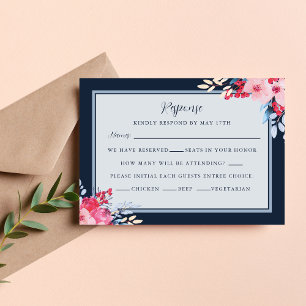 Graceful Floral Pink and Dusty Blue Wedding RSVP Card