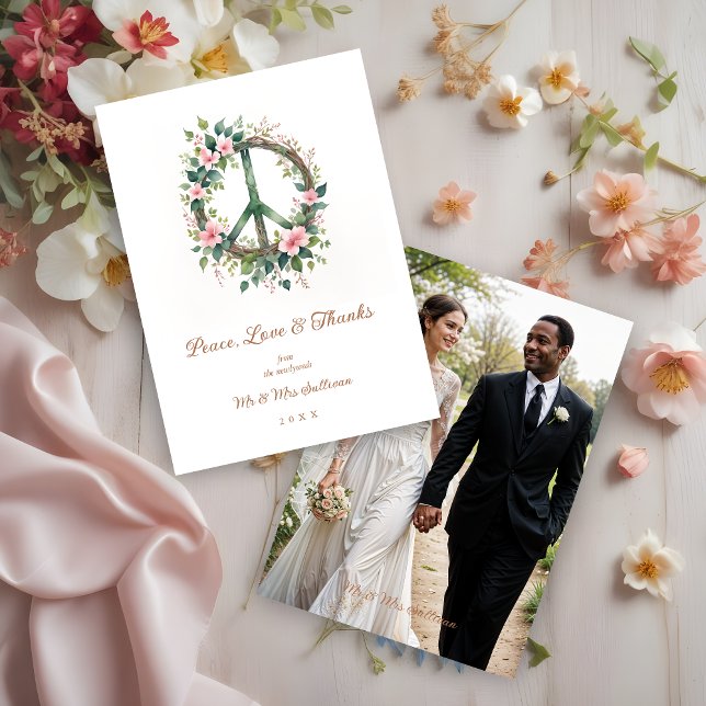 Graceful Floral Wood Peace Symbol Photo Wedding Thank You Card (Graceful and Cherish Floral Wood Peace Symbol Photo Wedding Thank You Card.)