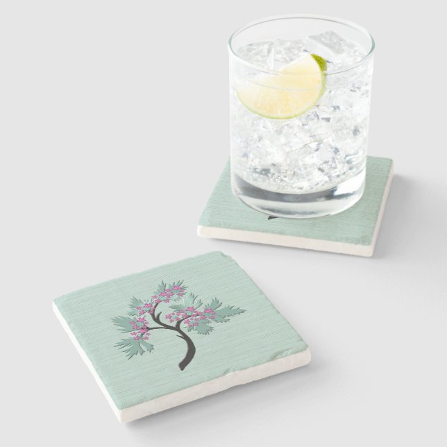 Graceful Flowering Tree Green + Plum Marble Stone Coaster (Side)