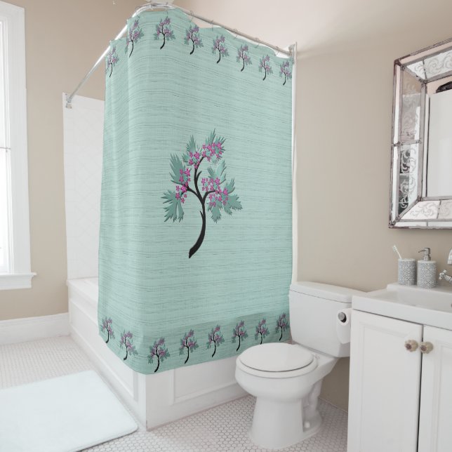 Graceful Flowering Tree Green + Plum Shower Curtain (In Situ)
