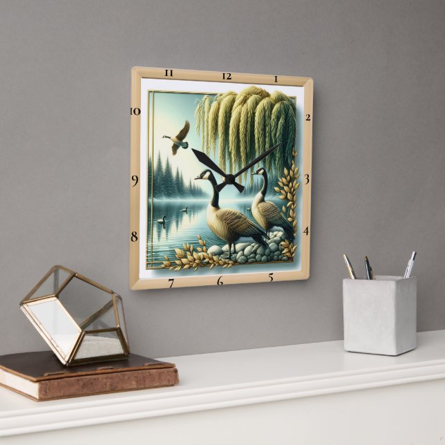 Graceful Geese Under Willow Square Wall Clock (Office)