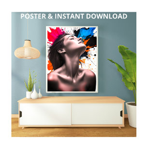 Graceful Girl Portrait in Grey and Colour Paint   Poster