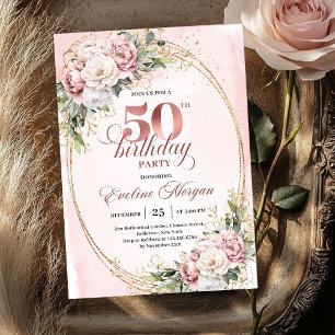 Graceful Greenery Rose Gold 50th Birthday Party  Invitation