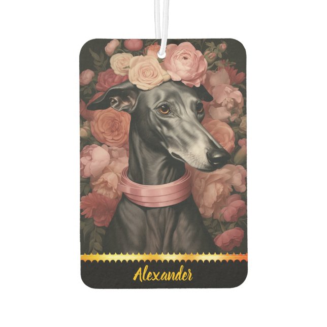Graceful greyhound surrounded by blooming roses car air freshener (Back)