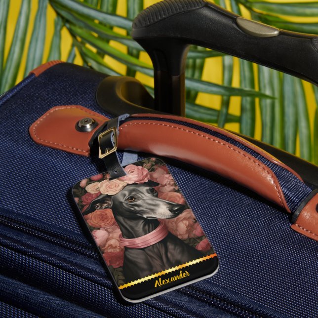 Graceful greyhound surrounded by blooming roses luggage tag (Front Insitu 1)